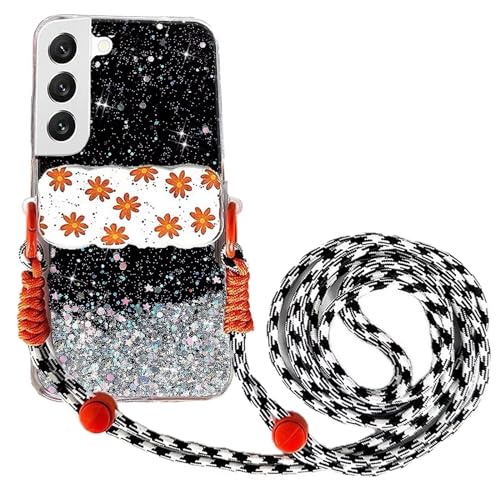 Rnrieyta Miagon Handykette Hüll für Samsung Galaxy S21 Plus Glitzer Durchsichtig Case mit Universal Blume Telefon Clip Kordel zum Umhängen Handyanhänger Halsband Lanyard