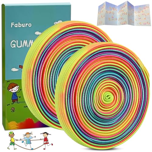 Faburo 2 Stück Gummitwist Kinder mit Anleitung für Hüpfspiele, Hüpfgummi 4m lang 1cm weit Gummi Twist, Indoor und Outdoor Spielzeug, Gartenspiele Kinder, Regenbogen Band - Geschenk für Mädchen & Junge