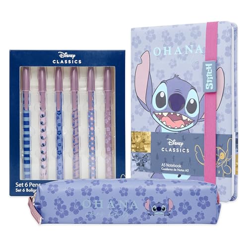 Disney Stitch Schreibwaren Set mit Notizbuch Stifte und Federmäppchen Schulschreibset Zubehör (Mehrfarbig 3er-Set)