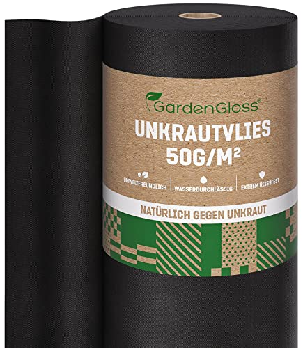 GardenGloss® 50m2 Unkrautvlies Gartenvlies gegen Unkraut – Unkrautfolie Wasserdurchlässig – Reißfestes Unkrautflies 50g/m2 – Hohe UV-Stabilisierung (50m x 1m, 1 Rolle)