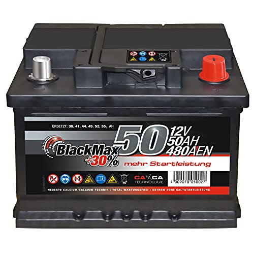 Autobatterie 12V 50Ah 480A/EN BlackMax Starter 30% mehr Leistung ersetzt 36Ah 41Ah 44Ah 45Ah, PKW