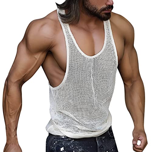 MKIUHNJ Tanktop Herren Gym Weiß Herrenmode lässig Frühling und Sommer einfarbig stricken Rundhalsausschnitt ärmelloses Hemd T-Shirt Weste Tops Herren Sommer Locker Mit