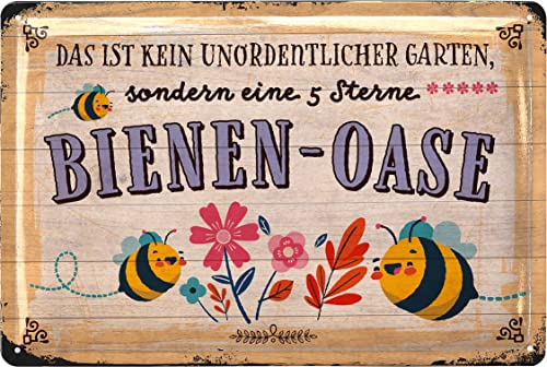 LANOLU Retro Blechschild Bienen-OASE Schild - Blechschilder Garten mit Sprüchen - nostalgische Dekoration als Gärtner Geschenke - Retro Deko Vintage Metallschild Garten in Holz Optik 20x30cm