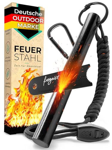 Feuerstahl Outdoor XXL - Mächtiger Feuerstein + Paracord Set, Extrem starker Funkenflug + Notfallpfeife, Magnesium Feuerstarter, Feuerstein Survival, Survival Ausrüstung, Notfall, Camping, Prepper