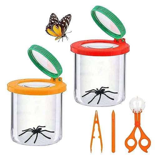 Roysmart Becherlupe Lupenbecher Set, 2 Stück Insekten Viewer, Lupendose Lupenbecher mit Pinzette, Becherlupen für Kinder, Insekten Beobachtungsbox für Outdoor Wissenschaft Natur Erkundung