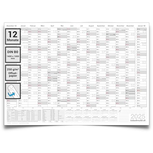 Kalenderoutlet XXXL DIN B0 Jahresplaner 2025, Kalender, Wandkalender 14 Monate grau 140x100cm grosser Wandplaner 2025, Jahreskalender 250g Papier gerollt in