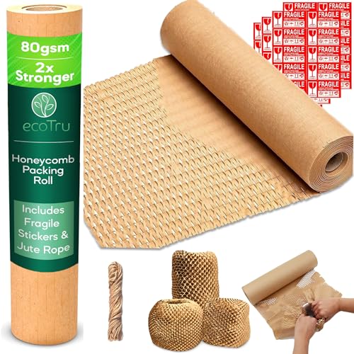 ecoTru Wabenpapier verpackungsmaterial 36cm x 30m, Luftpolsterfolie Öko Alternative für umzug und Versand, Verpackungspapier und füllmaterial für pakete, Papier noppenfolie, Bubble wrap packing rolle