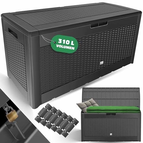 KESSER® Auflagenbox Kissenbox 310 Liter mit Rollen klappbarer Deckel Haltegriffe Rattanoptik Gartenbox, Anthrazit