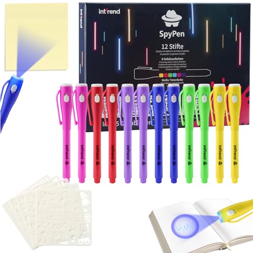 int!rend Zauberstifte Set - 12x Geheimstift in 6 Farben mit integriertem UV Licht - inkl. 5x Schablone - Leuchtstifte für Kinder - wasserlöslicher Schwarzlicht Stift