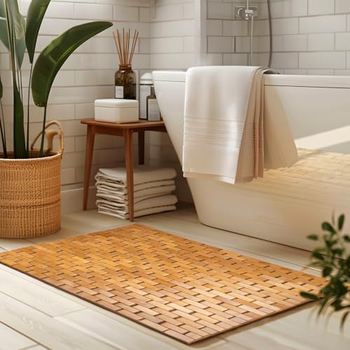 casa pura Badematten & Badteppiche aus Bambus Holz 60x90cm 8mm Dick | Bambusmatte Bad rutschfest und waschbar | Antirutschmatte Badewanne, Dusche und Sauna (Natur, Mia)