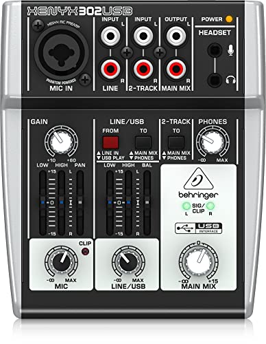 Behringer 302USB Erstklassiger 5-Eingangs-Mixer mit XENYX-Mikrofonvorverstärker und USB/Audio-Schnittstelle, Kompatibel mit PC und Mac