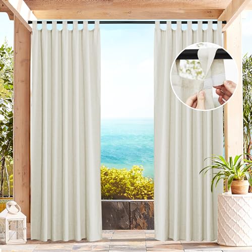 PONY DANCE Outdoorvorhänge mit Klettverschluss 2er Set H 213 x B 140 cm Terrasse Vorhänge Wasserdicht Leinen Gardinen Creme Halbtransparent Balkon Vorhang Outdoor Curtains für Pavillon