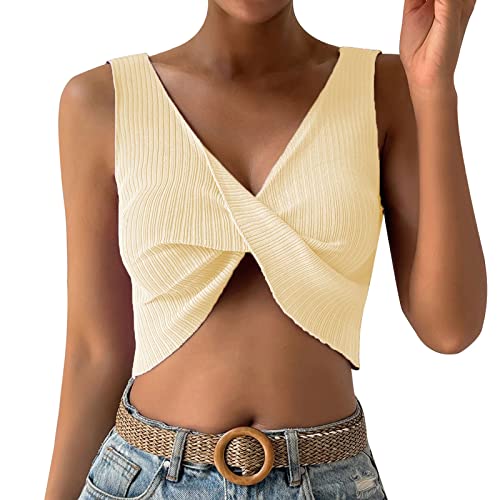 QWUVEDS Einfaches, sexy, gestricktes Weste-Oberteil für Damen mit Knoten Tube Top (Beige, S)