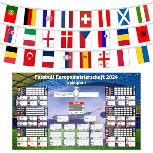 CoolChange Fußball EM 2024 Deko Set mit Spielplan & Flaggen Girlande | Matchplan & Fahnenkette zur Europameisterschaft