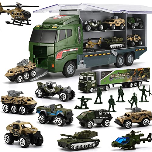 SWUNXION 26 in 1 Militär Autos + Transportfahrzeug Set, Militärfahrzeuge Soldaten Druckguss Modelle, Spielzeugautos Aufbewahrung in LKW Truck, Armee Fahrzeuge Spielzeug für Kinder Mädchen Junge