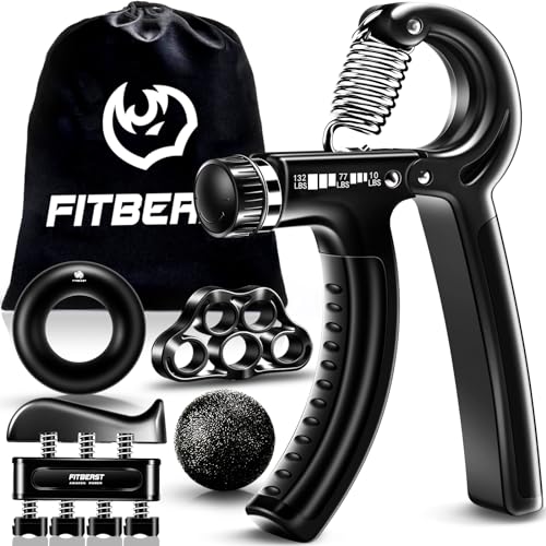 FitBeast Handtrainer Fingertrainer, Griffkraft Trainingsset - 5er-Pack, Verstellbarer Grip, Finger Trainingsgerät, Handgelenk Trainer, Trainingsring & Stressabbau-Griffkugel, Schwarz