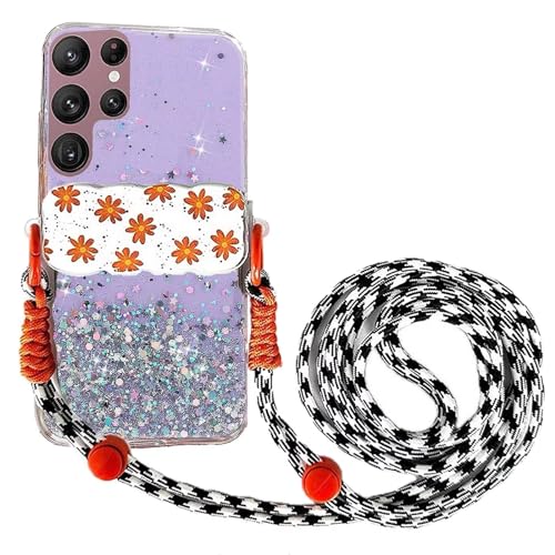 Rnrieyta Miagon Handykette Hüll für Samsung Galaxy S22 Ultra Glitzer Durchsichtig Case mit Universal Blume Telefon Clip Kordel zum Umhängen Handyanhänger Halsband Lanyard