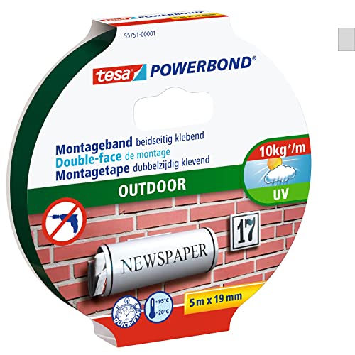 tesa Powerbond Outdoor - Doppelseitiges Montageband für den Außenbereich - Wasserfestes, starkes, UV-beständiges Klebeband - 5 m x 19 mm