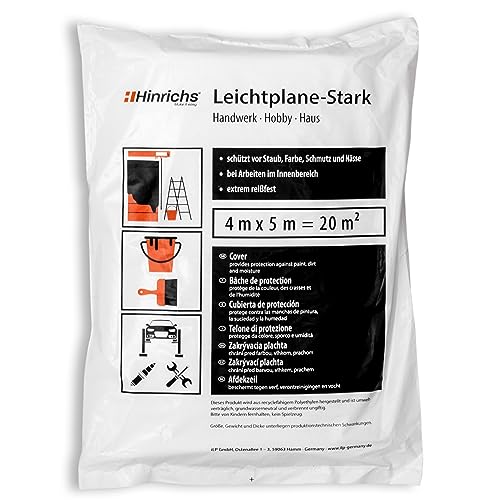 Hinrichs Abdeckfolie Maler 1er Pack - Malerfolie 4x5m für insgesamt 20qm - Hochwertige Maler Abdeckfolie als Schmutz- & Staubschutz - HDPE Folie mit 7my Stärke - Praktisches Maler Zubehör