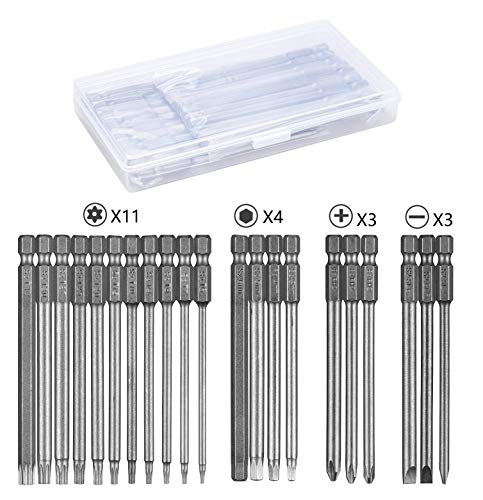 Linhon 21 Stück Schraubendreher Bit Satz Lang, Torx Bit Set Magnetisch T6-T40, Hex, PH2, Schlitz Bitsatz 1/4 Zoll Sechskant, 100mm Extra Lang, S2 Stahl, PP Box Paket