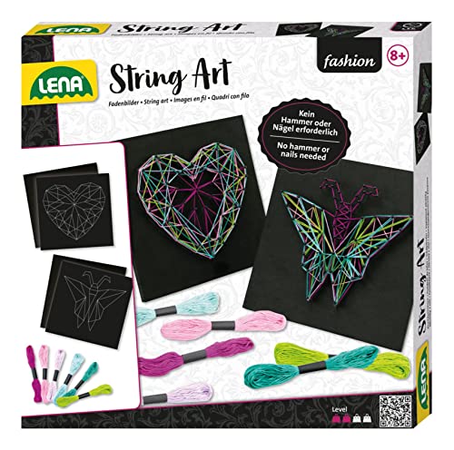 Lena 42650 - Bastelset String Art Schmetterling und Herz, Komplettset für 2 Fadenbilder, mit 2 Grundplatten, ca. 21, 5 x 21, 5 x 1 cm, Stecknadeln und 6 farbige Garnen, Set für Kinder ab 8 Jahre