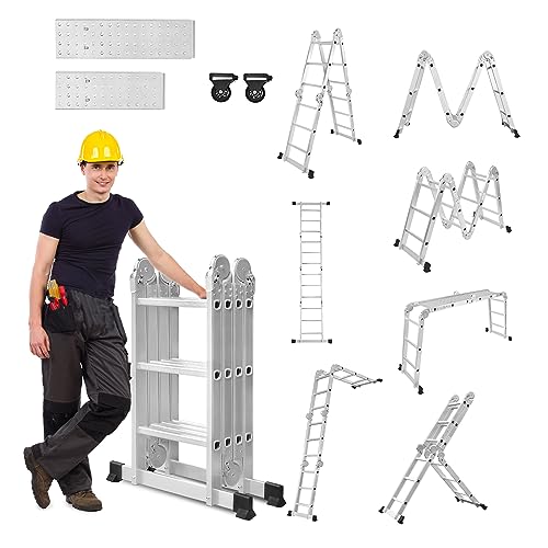 LZQ 4x3 Mehrzweckleiter 340cm 6 in 1 Alu Leiter Vielzweckleiter Klappleiter Haushaltsleiter Arbeitsleiter Anlegeleiter Steigleiter Arbeitsbühne Multifunktionsleiter Gelenkleiter