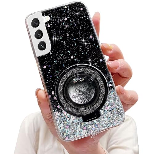 Tivenfezk Nadoli Sparkle Treibsand Ständer Hülle für Samsung Galaxy S21,Versteckt Ständer Ring Klar Glitzer Stern Handyhülle Durchsichtig Bling Schutzhülle Case Cover,Schwarz