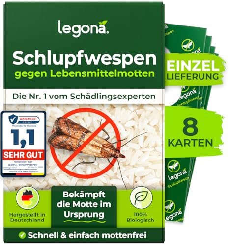 Legona® - Schlupfwespen gegen Lebensmittelmotten / 8x Trigram-Karte à 1 Lieferung/Effektive & Biologische Bekämpfung von Motten in Lebensmitteln/Alternative zu Mottenspray und Mottenkugeln