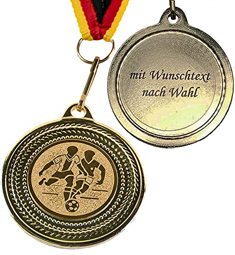 Pokal-Fabrik - Fußball-Medaillen 10er Set Metall mit Wunschtext - Fussballmedaille golden zum Umhängen für Siegerehrungen - Medaillen Kinder mit Deutschlandband & Emblem für Vereine & Turniere