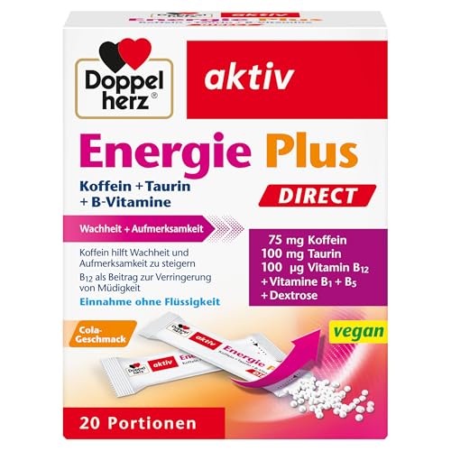 Doppelherz Energie Plus Koffein + Taurin + B-Vitamine DIRECT – Mit Vitamin B1, B5 (Pantothensäure) und B12 als Beitrag zum Energiestoffwechsel – 20 Portionsbeutel