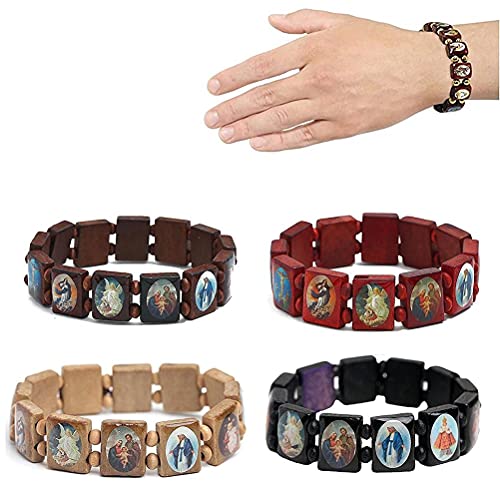 Kuashidai 4 Stück Jesus-Armband aus Holz, Rosenkranz, elastischer Stretch-Armreif mit Bildern religiöser Heiliger, katholischer Heiliger Götter, Göttin, 2.17 inch, Holz