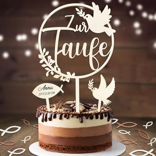 Cake Topper Taufe, Taufe Tortendeko Holz Taufetortenaufleger Taufe & 36 Stück Holz Fische Tischdeko, Taufe Deko Mädchen Junge - Zur Taufe Cake Topper, Geburtstage Taufen Duschen