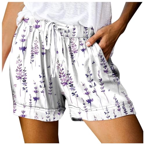 rtdgcv Summer Damen Shorts Sport Damen-Shorts mit Kordelzug, Sommer, elastische Taille, lässig, leicht, mit Taschen Damen Shorts Unterwäsche Rot Shorts Damen Kurz (Purple, L)