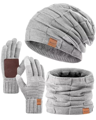 Winuesa Mütze, Schal & Handschuh-Sets für Damen Herren, Slouchy Beanie Mütze Herren Winter Strickmütze Touchscreen Handschuhe Schal Halswärmer Schlauchschal set(Grau)