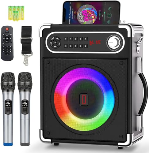 Karaoke Anlage mit 2 Mikrofonen, Tragbarer Kabelloser Lautsprecher Party Musik Box mit LED-Leuchten, Bluetooth Karaoke Maschine System PA Anlage unterstützt TWS/USB/TF-Karte/AUX/FM