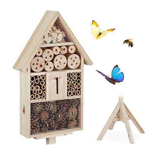 Relaxdays Insektenhotel Haus auf Ständer, Nisthilfe für Garten, Bienenhotel Wildbienen, Holz, HBT: 140x47x47cm, natur