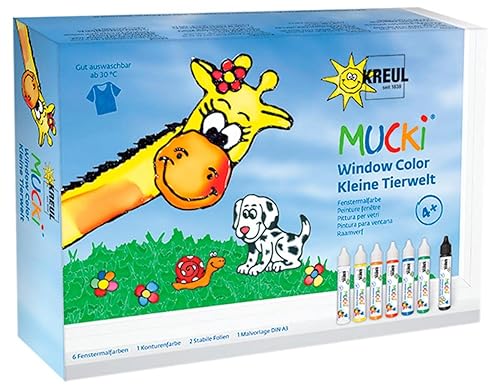 KREUL 24451 - Mucki Window Color Set Kleine Tierwelt, 7 x 29 ml Farbe, Folien und Vorlagen, Fenstermalfarbe auf Wasserbasis, parabenfrei, glutenfrei, laktosefrei, vegan, leicht vermalbar, auswaschbar