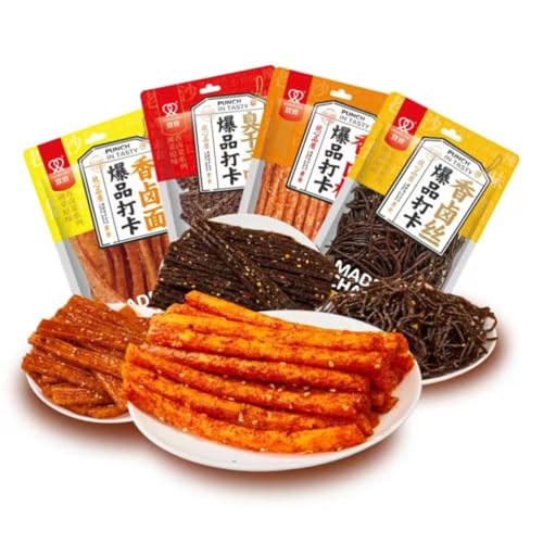 Würzige Chinesische Snacks Würzig Gewürzte 4 Packungen Big Latiao Hot & Spicy Stick Gluten Strips, Scharfer Weizensnack Klassische Hot Strips fürs Büro, Lässiger Snack（108g*4 Pcs）