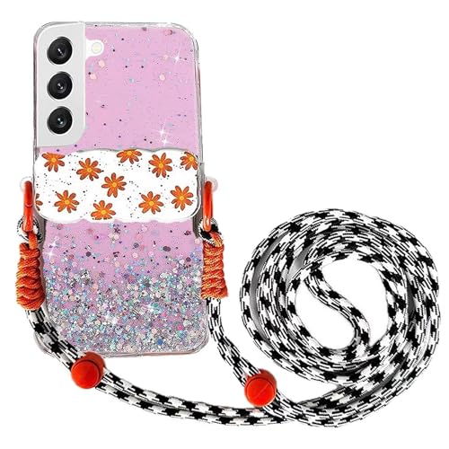 Rnrieyta Miagon Handykette Hüll für Samsung Galaxy S21 Plus Glitzer Durchsichtig Case mit Universal Blume Telefon Clip Kordel zum Umhängen Handyanhänger Halsband Lanyard