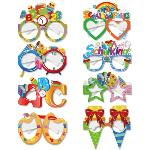 8 Stück Einschulung Deko 2024,Schulanfang Schulkind Brille,Schuleinführung Tischdeko Geschenke Mädchen Junge Partybrillen,Buchstaben 123-Brille Set,Einschulungsdeko Papier Partybrille,für Kinder Party