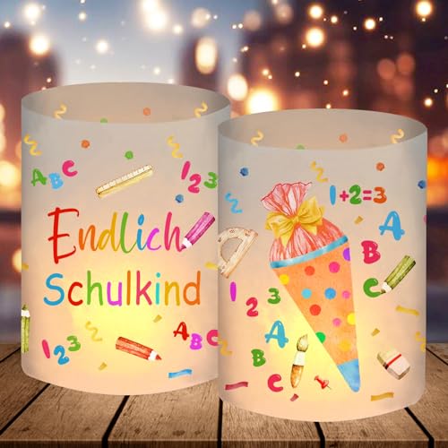 12 Windlicht Tischdeko Einschulung, Endlich Schulkind 2024 Deko, Schulanfang Deko Junge Mädchen, Schuleinführung Einschulungsdeko mit Bunten ABC Zuckertüte, Geeignet für Teelichter