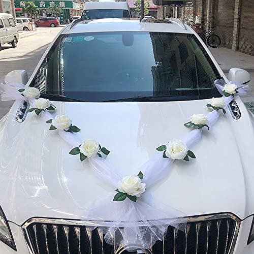 Autoschmuck Hochzeit Girlande Hochzeitsschmuck Weiß Gaze Rosendekoration Set mit Saugnäpfen Auto Schmuck Braut Paar Rose Deko Dekoration Car Auto Wedding