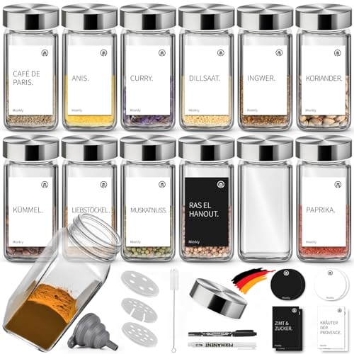 Miorkly Gewürzgläser Eckig mit Streueinsatz, Edelstahl Deckel Gewürzdosen Set 120ml, 12 Gewürzgläser Set, Gewürzstreuer Glas mit Streuer-Aufsätze, Trichter, Etiketten & Kreidestift, Gewürze Set