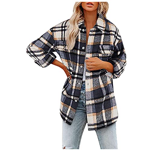 unilarinna Jacke Kariert Damen - Fleece Hemdjacke Female Jacke Karo Lange Ärmel Herbst Winter Übergangsjacke Mit Taschen Knopfleiste Revers Mantel Plüsch Blusenshirt Oversize