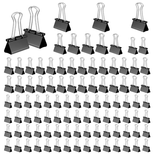 Mesybveo 100 Stück Foldback Klammern, 15 mm/ 19mm/ 25mm/ 32mm Papierklammern, Binder Clips aus metall, Büroklammern Vielzweckklammern für Bürobedarf, Briefpapier Papier(Schwarz)