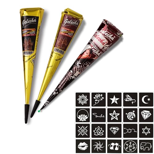 3x Henna Tattoo Temporäre Tattoo + 20x Henna Schablone,Natürliche Paste Cones Kegel, schwarz,braun und rot,Tattoo sticker,Temporäre Tattoos mit Schablonen