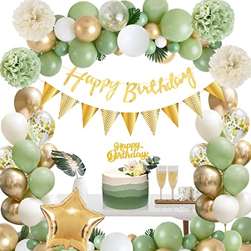 Geburtstagsdeko Grün Gold, Thinbal Deko Geburtstag Grün Mädchen Junge, Dschungel Kindergeburtstag Deko Avocado Grüne Gold Luftballons, Happy Birthday Banner, Pompons für Männer Frauen Geburtstag Deko