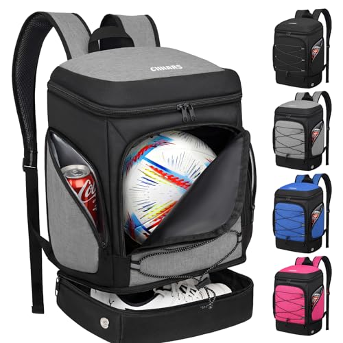 Ciihars Fußball-Rucksack, Fußballtasche mit Ballhalter, inklusive separatem Schuh- und Ballfach, Sportausrüstungstaschen, passend für Basketball, Volleyball, Fußball (grau)