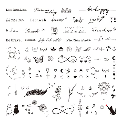 BHGT 6 Blätter 120+pcs Temporäre Tattoos zum Aufkleben Schriftzug auf Deutsch Inspirierende Sprüche Fake Tattoo Schwarz Klebetattoos Aufkleber für Frauen Männer