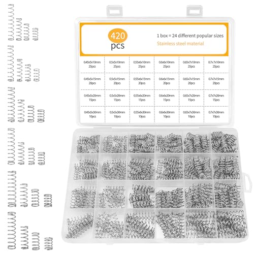 Raxfekro 420-Teiliges Set Druckfeder Sortiment, 24 Spezifikationen Druckfedern, Länge 10mm 15mm 20mm 30mm, Durchmesser 5mm 6mm 7mm, 6 Verschiedene Elastizitäten für Sprungfeder